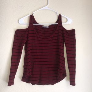 Black & Burgundy Striped Cold Shoulder Top